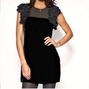 NWOT - French Connection Black Velvet and Lace Mini Dress with Ruffle Sleeves